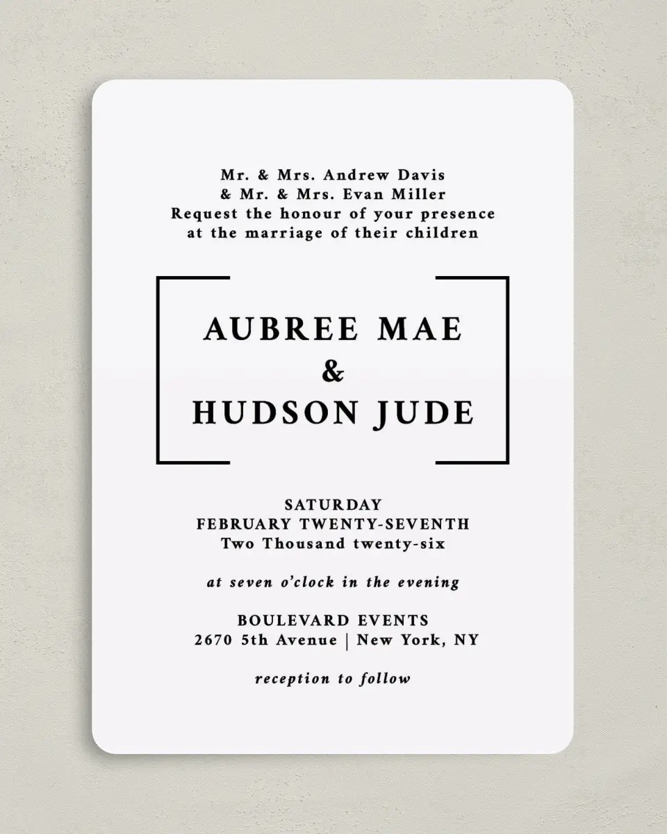This is a 5" x 7" Rounded Wedding Invitation called Bright Brace printed in full color on Premium Smooth paper