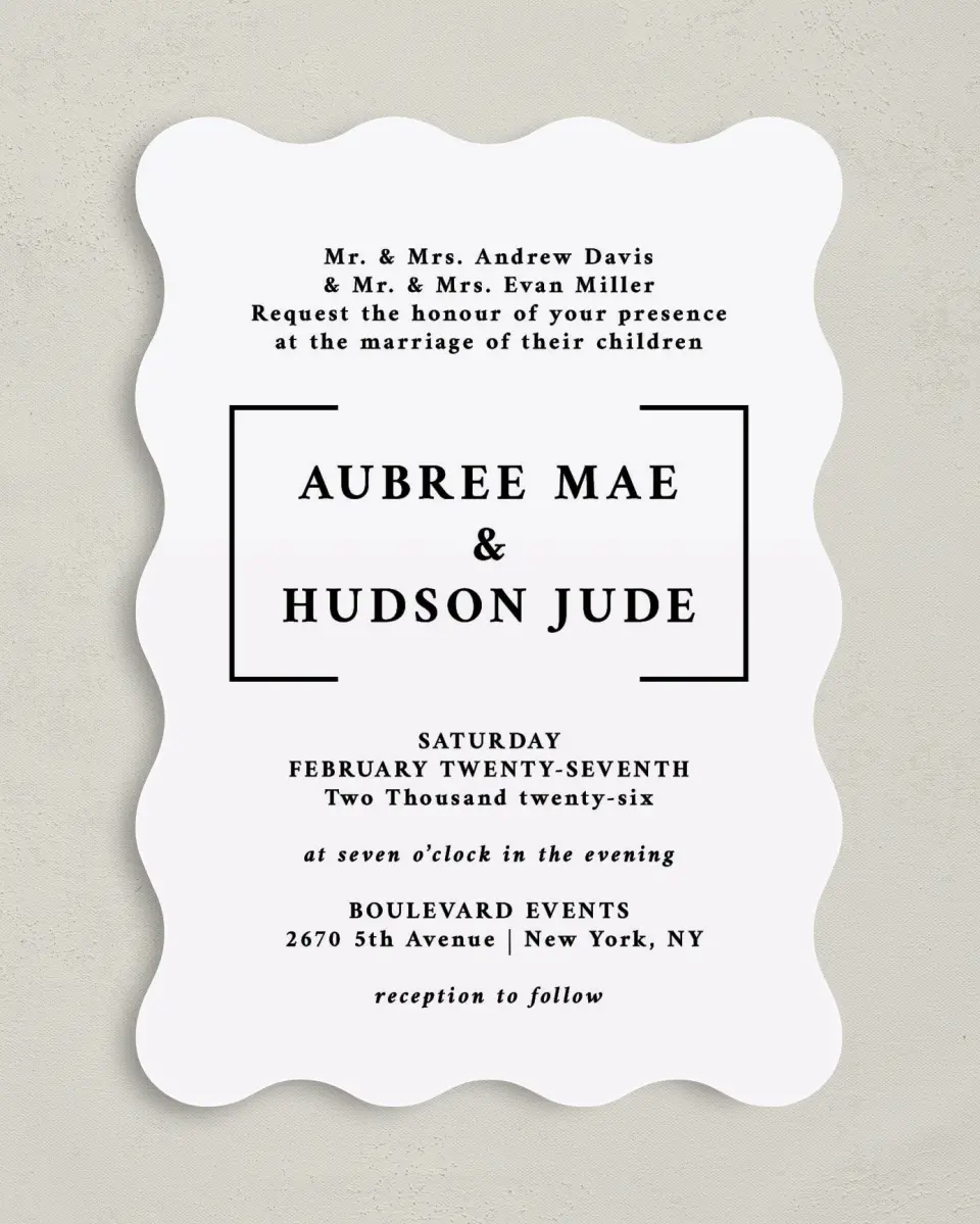 This is a 5" x 7" Wavy Wedding Invitation called Bright Brace printed in full color on Premium Smooth paper