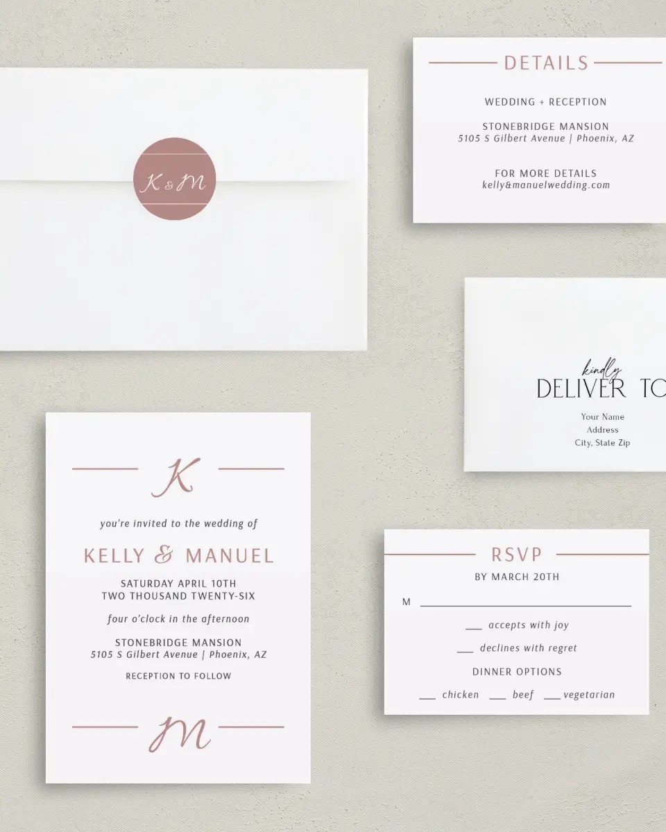This is a 5" x 7" Classic Wedding Invitation called Expansive Line printed in full color with Gold foil on Luxe Satin (coated) paper