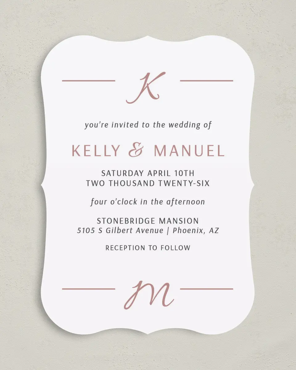 This is a 5" x 7" Bracket Wedding Invitation called Expansive Line printed in full color on Premium Smooth paper