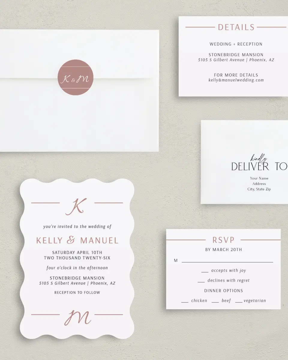 This is a 5" x 7" Wavy Wedding Invitation called Expansive Line printed in full color with Silver foil on Luxe Satin (coated) paper