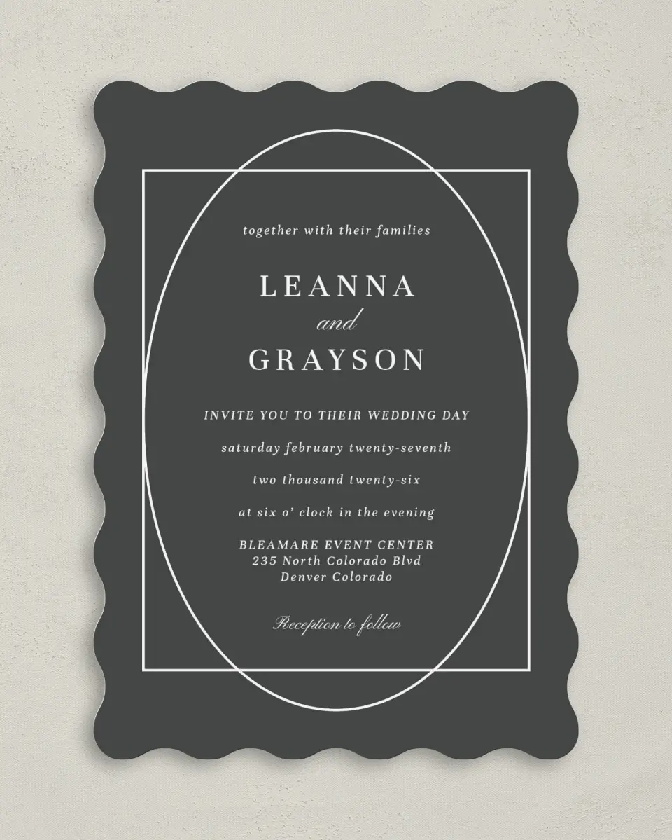This is a 5" x 7" Wavy Wedding Invitation called Graphic Enclosure printed in full color on Premium Smooth paper