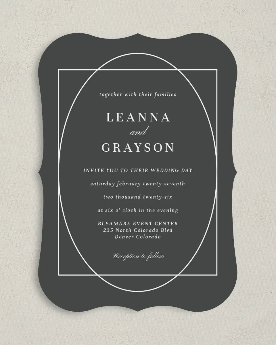 This is a 5" x 7" Bracket Wedding Invitation called Graphic Enclosure printed in full color on Premium Smooth paper
