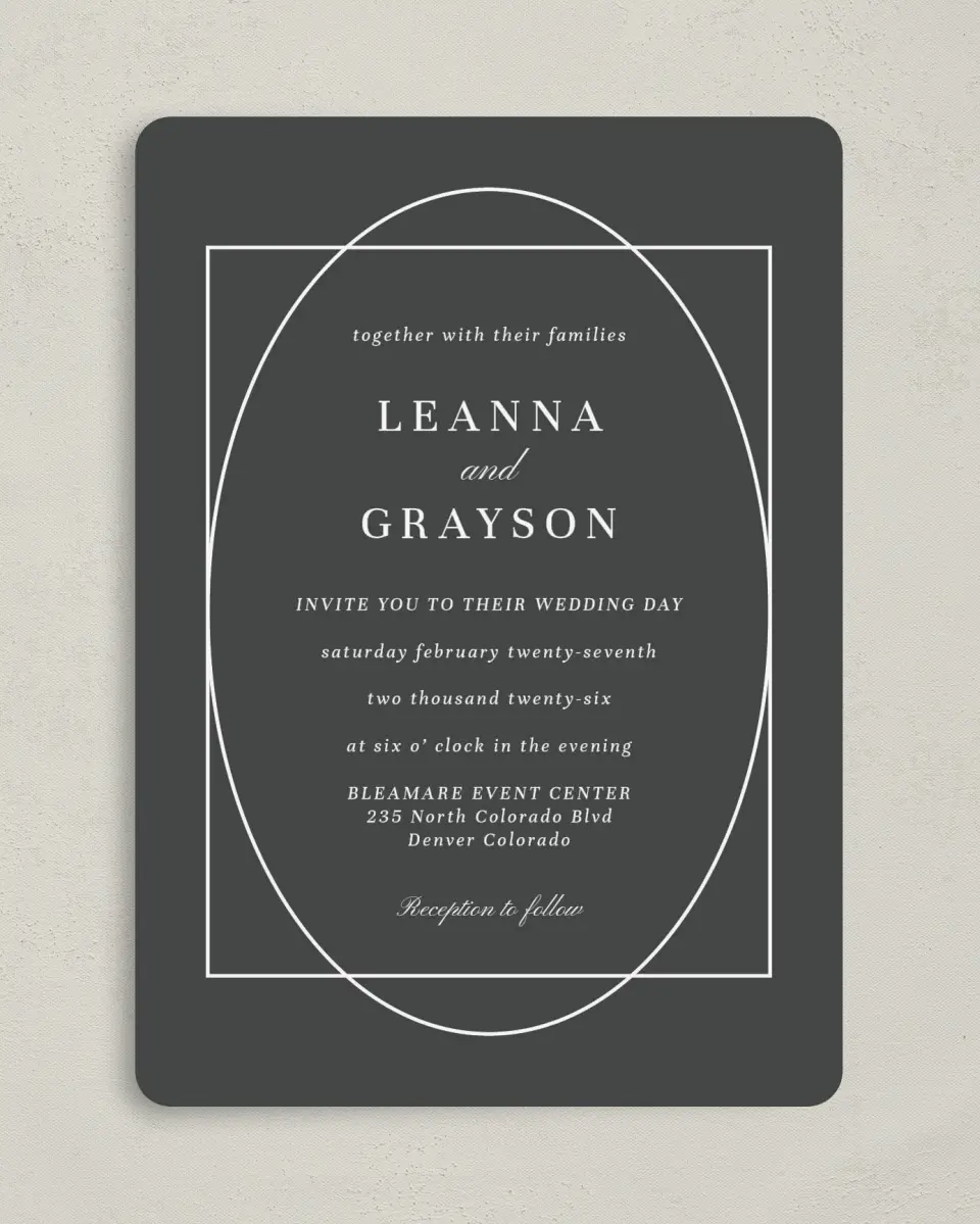 This is a 5" x 7" Rounded Wedding Invitation called Graphic Enclosure printed in full color on Premium Smooth paper