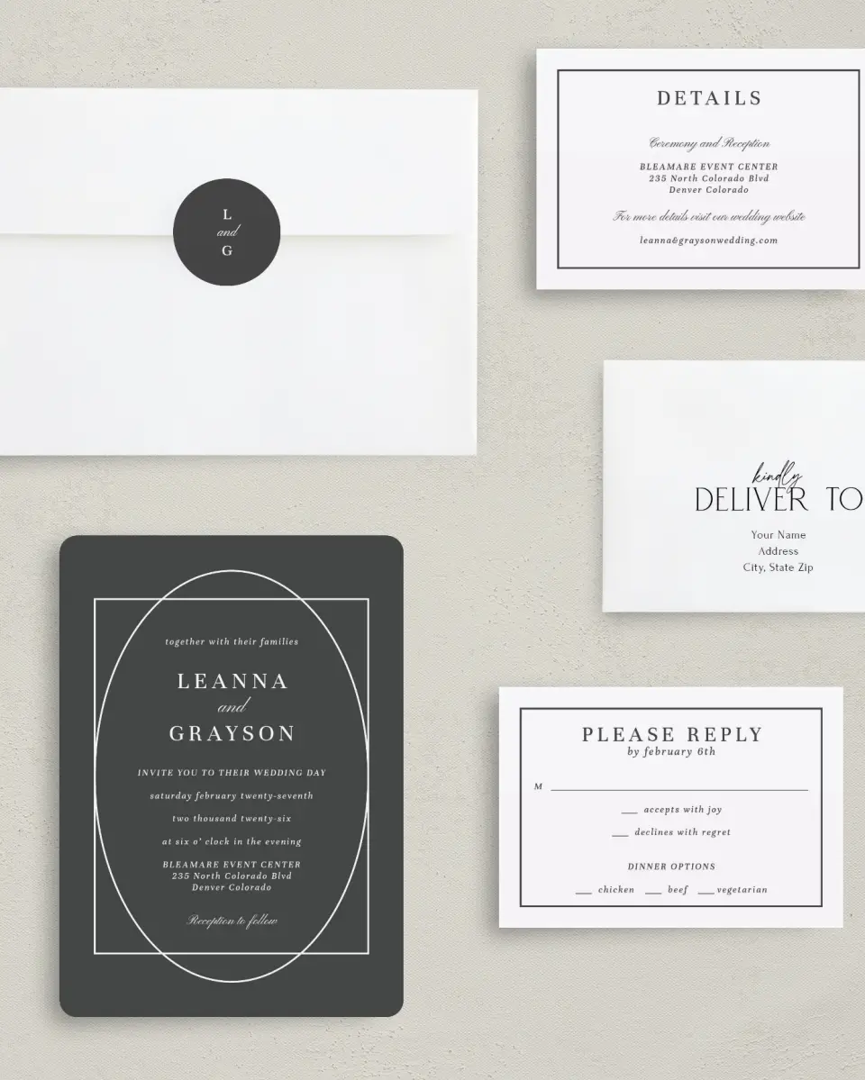 This is a 5" x 7" Rounded Wedding Invitation called Graphic Enclosure printed in full color with Silver foil on Luxe Satin (coated) paper