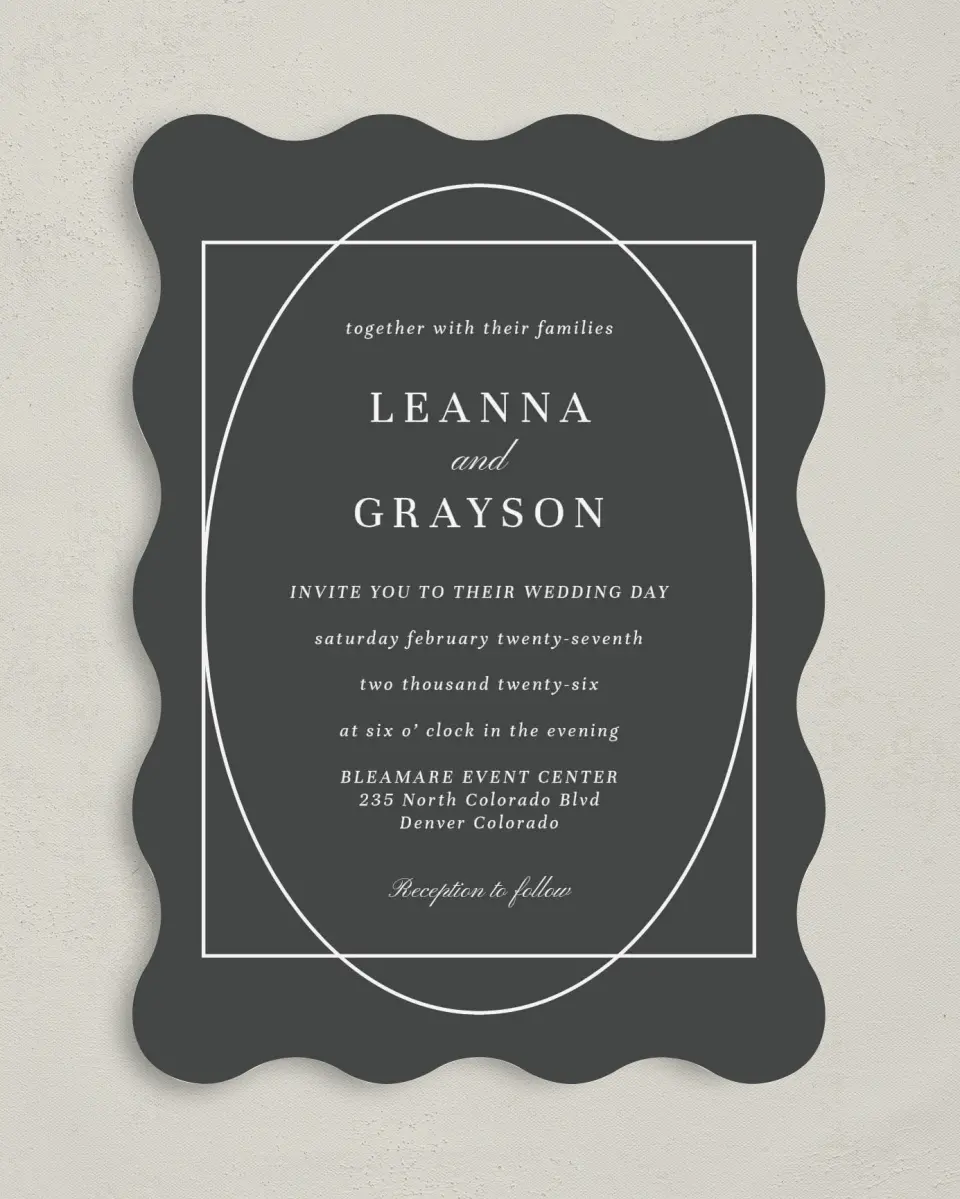 This is a 5" x 7" Wavy Wedding Invitation called Graphic Enclosure printed in full color on Premium Smooth paper