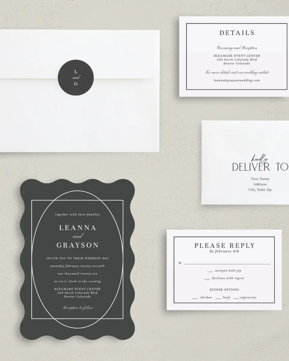 This is a 5" x 7" Wavy Wedding Invitation called Graphic Enclosure printed in full color with Rose Gold foil on Luxe Satin (coated) paper