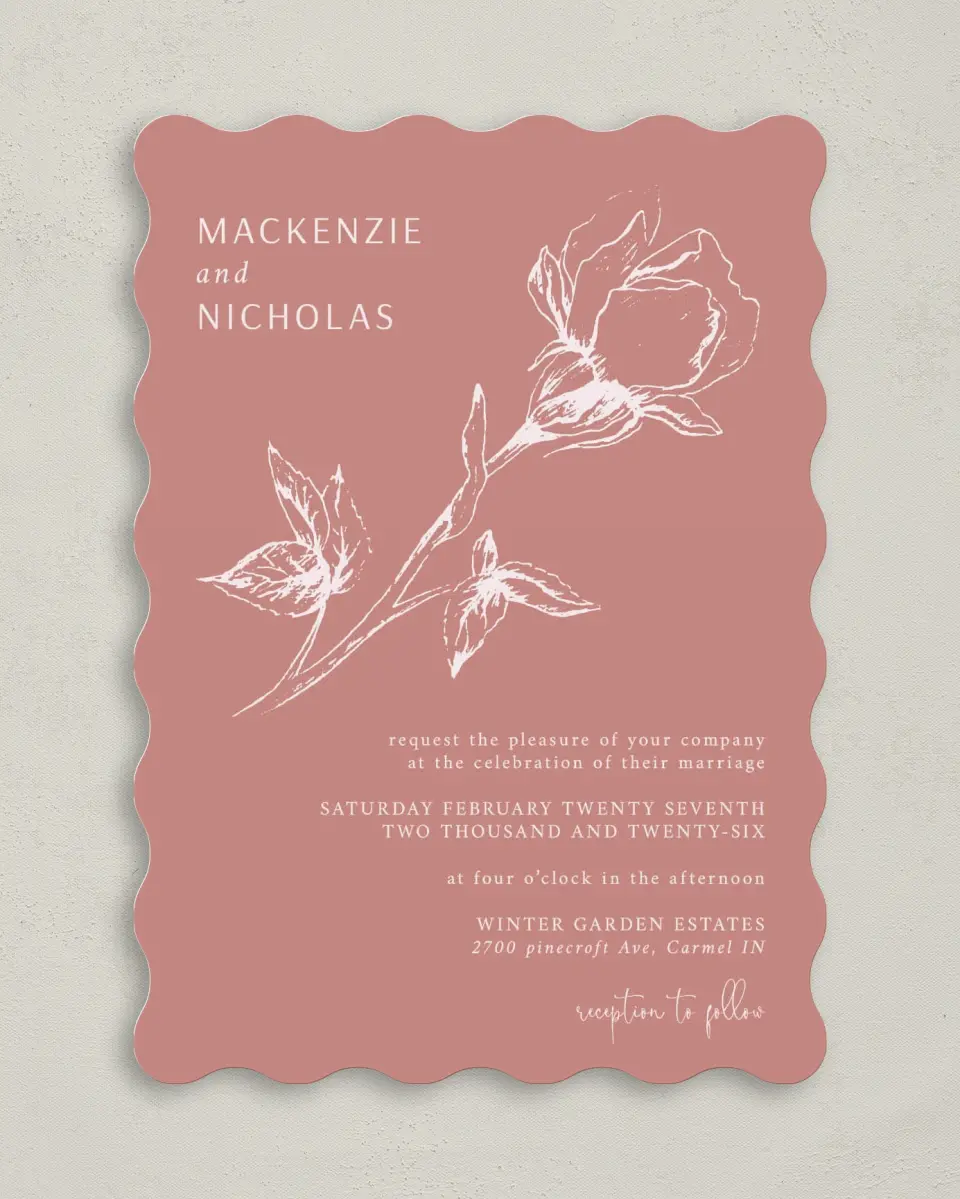 This is a 5" x 7" Wavy Wedding Invitation called Blooming Bud printed in full color on Premium Smooth paper