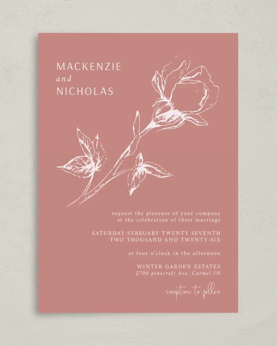This is a 5" x 7" Classic Wedding Invitation called Blooming Bud printed in full color on Premium Smooth paper