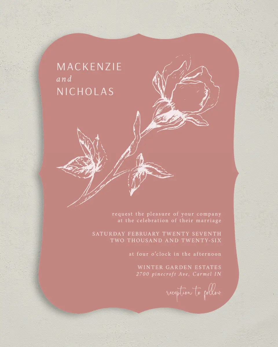 This is a 5" x 7" Bracket Wedding Invitation called Blooming Bud printed in full color on Premium Smooth paper
