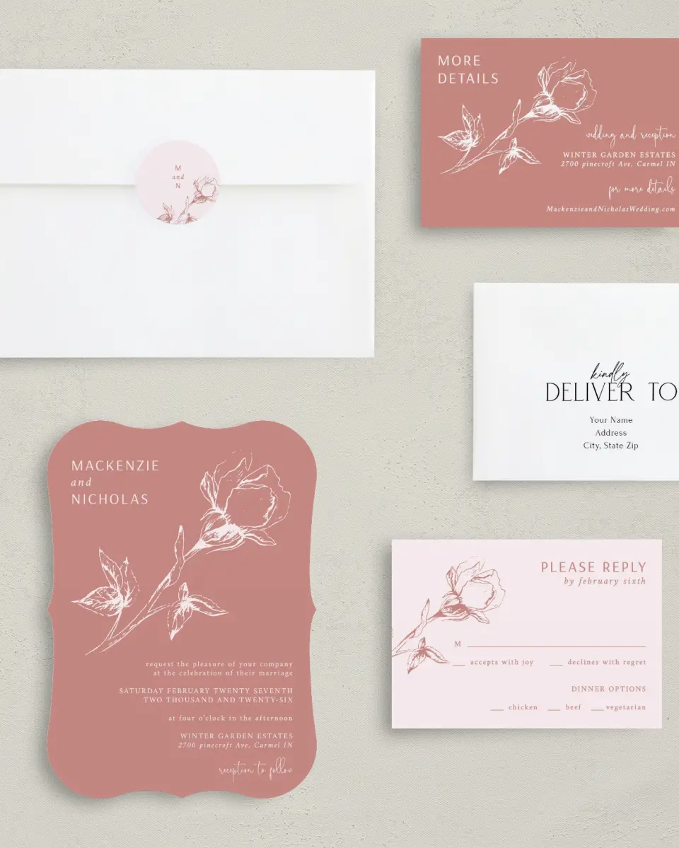 This is a 5" x 7" Bracket Wedding Invitation called Blooming Bud printed in full color with Silver foil on Luxe Satin (coated) paper
