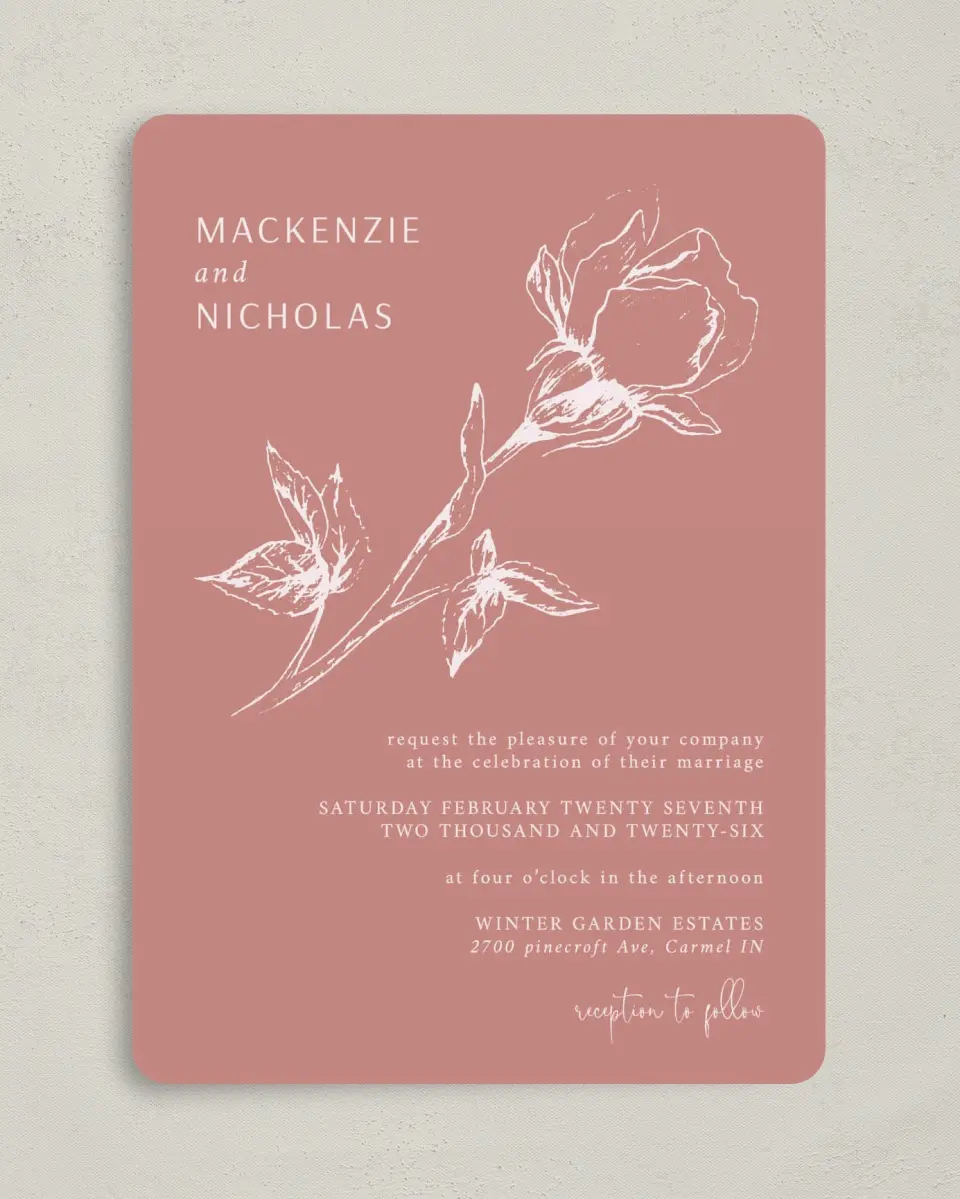 This is a 5" x 7" Rounded Wedding Invitation called Blooming Bud printed in full color on Premium Smooth paper