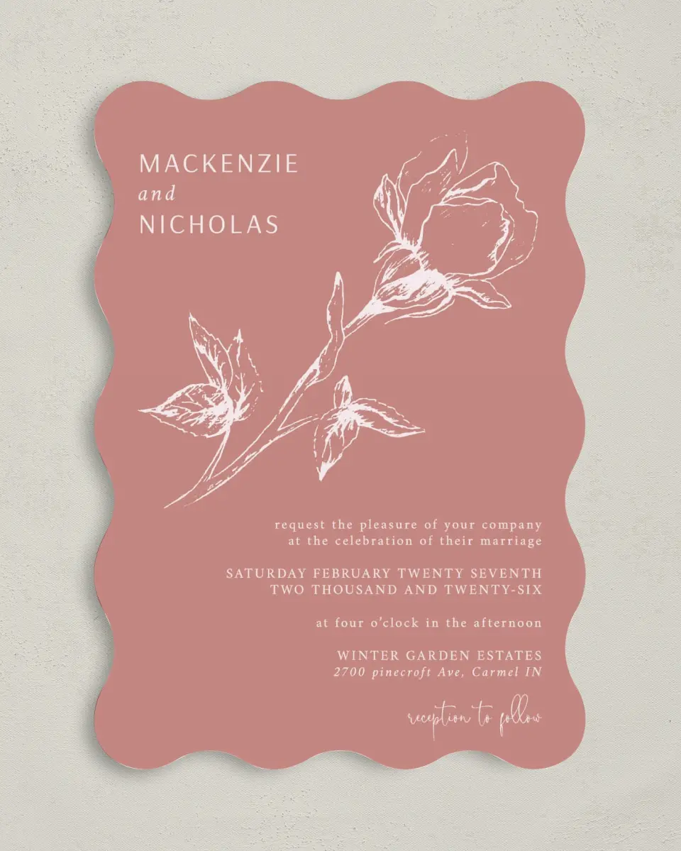 This is a 5" x 7" Wavy Wedding Invitation called Blooming Bud printed in full color on Premium Smooth paper