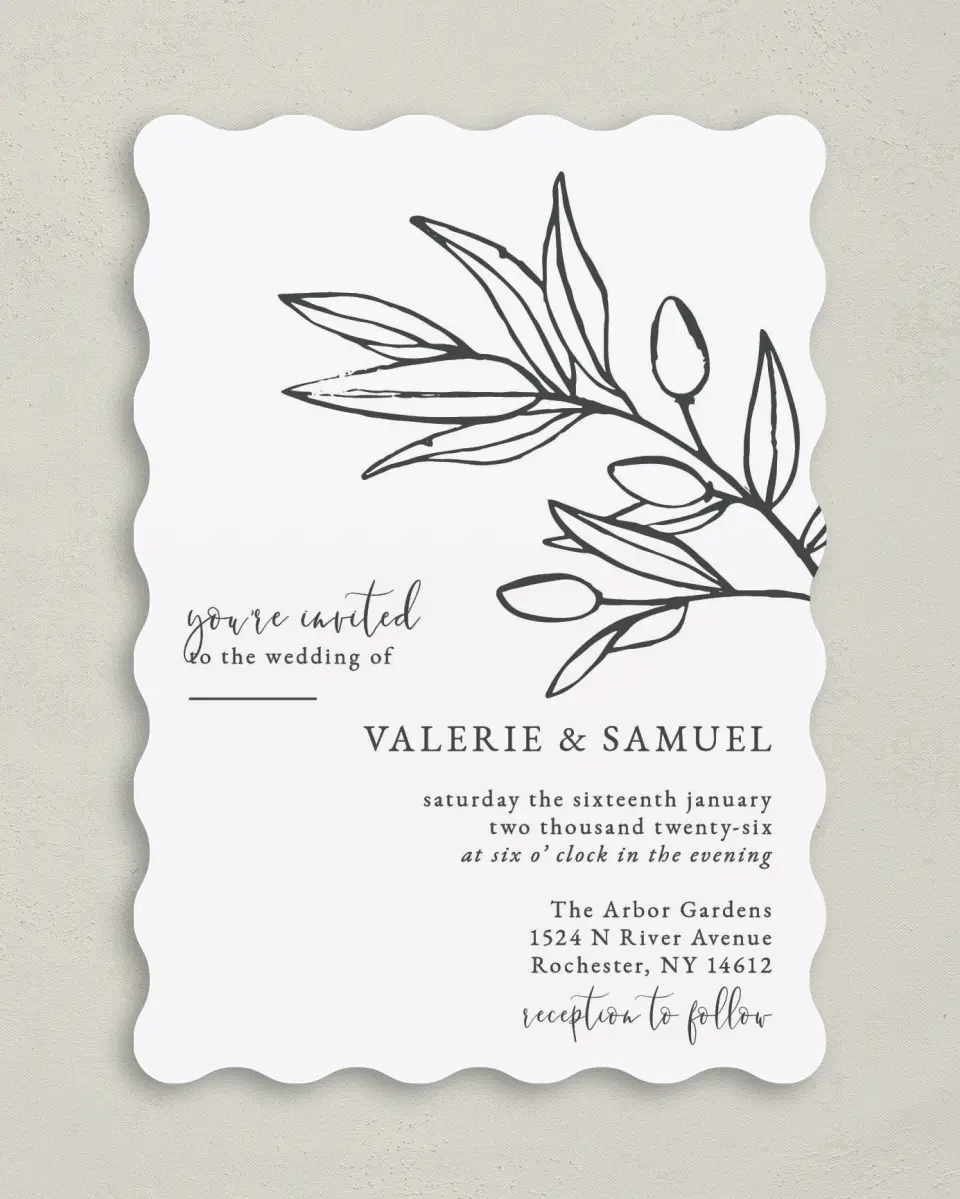 This is a 5" x 7" Wavy Wedding Invitation called Branch Sketch printed in full color on Premium Smooth paper