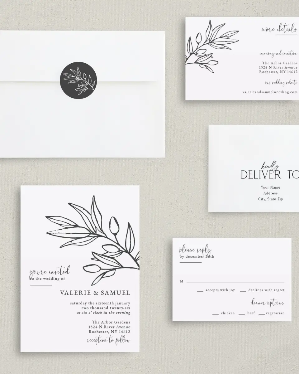 This is a 5" x 7" Classic Wedding Invitation called Branch Sketch printed in full color with Gold foil on Luxe Satin (coated) paper