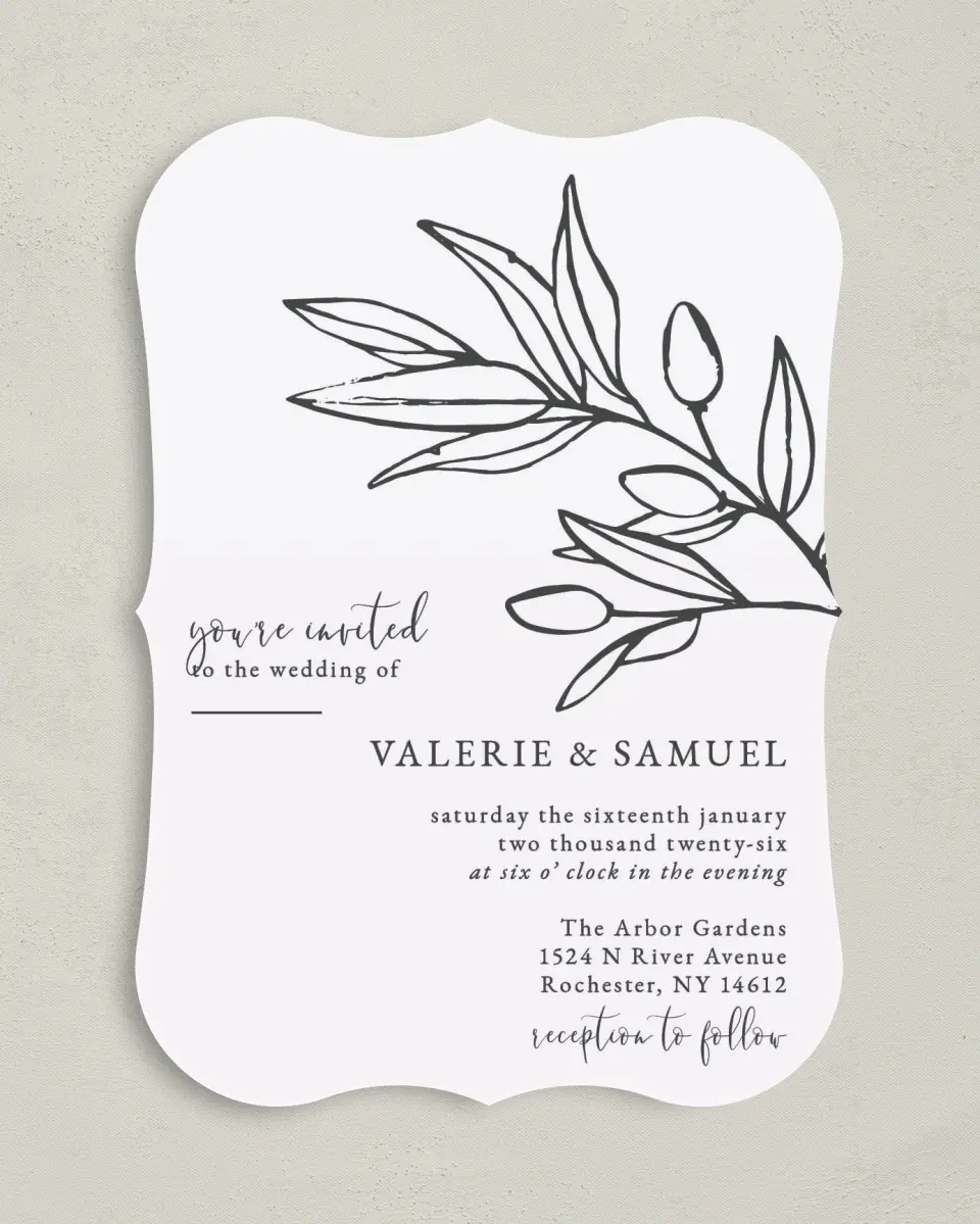 This is a 5" x 7" Bracket Wedding Invitation called Branch Sketch printed in full color on Premium Smooth paper