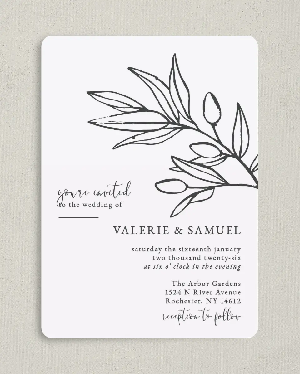 This is a 5" x 7" Rounded Wedding Invitation called Branch Sketch printed in full color on Premium Smooth paper