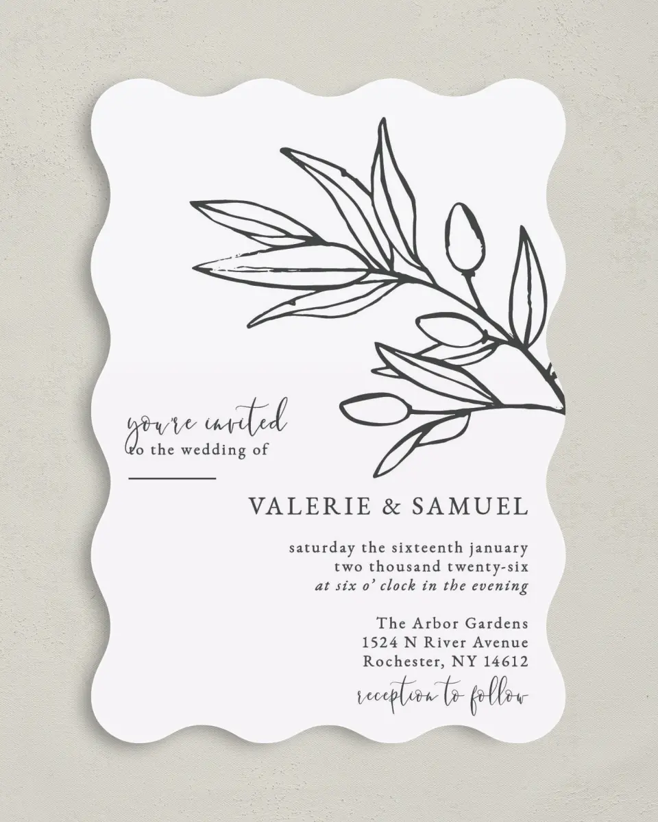 This is a 5" x 7" Wavy Wedding Invitation called Branch Sketch printed in full color with Gold foil on Luxe Satin (coated) paper