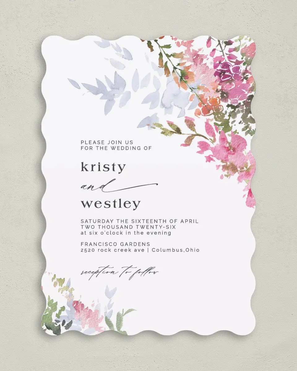 This is a 5" x 7" Wavy Wedding Invitation called Blushing Bouquet printed in full color on Premium Smooth paper