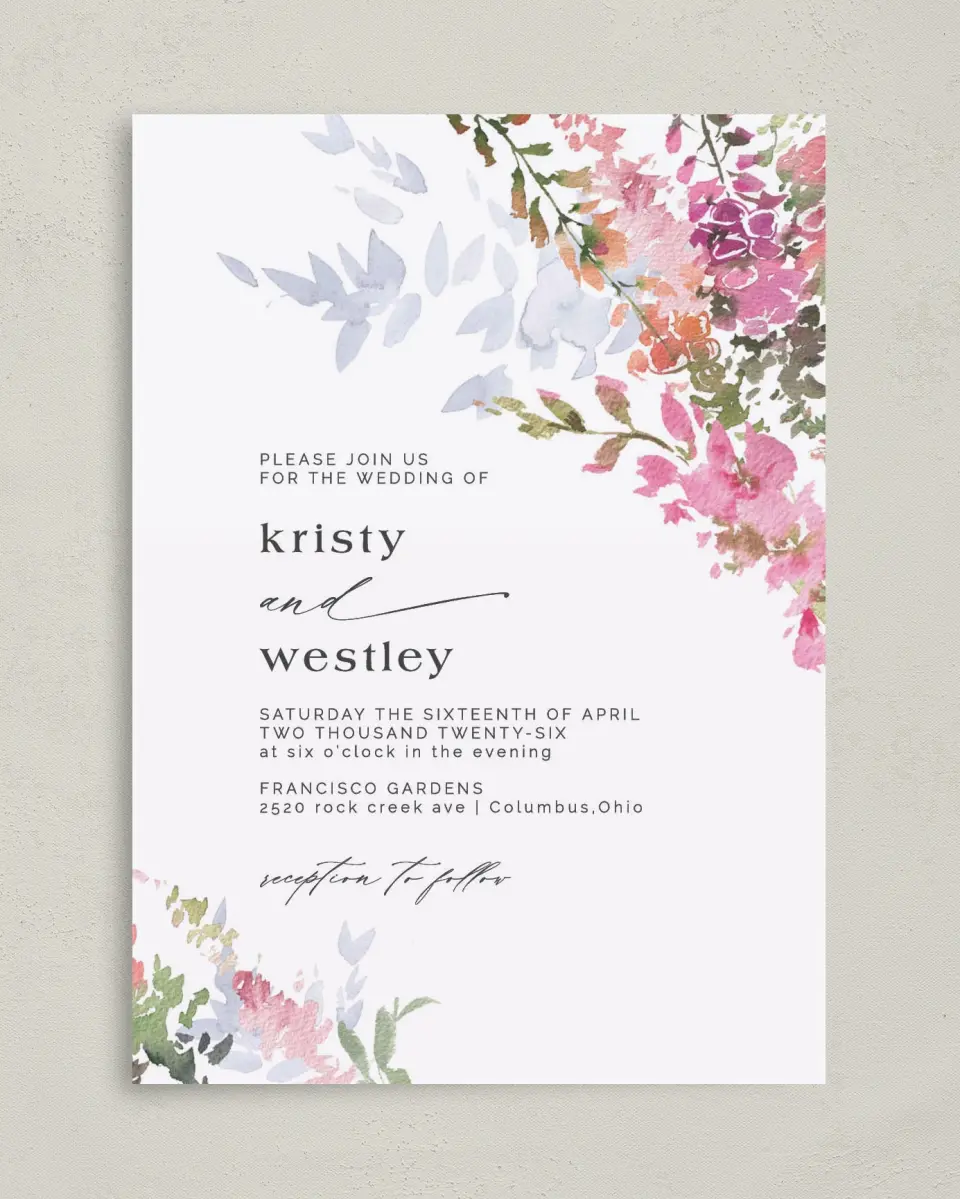 This is a 5" x 7" Classic Wedding Invitation called Blushing Bouquet printed in full color on Premium Smooth paper
