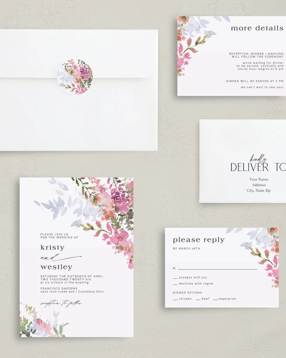 This is a 5" x 7" Classic Wedding Invitation called Blushing Bouquet printed in full color with Rose Gold foil on Luxe Satin (coated) paper