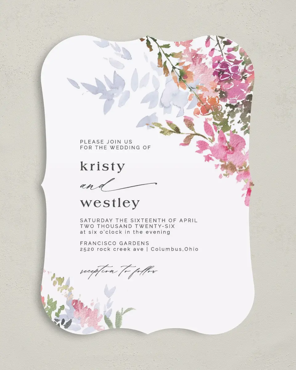 This is a 5" x 7" Bracket Wedding Invitation called Blushing Bouquet printed in full color with Silver foil on Luxe Satin (coated) paper