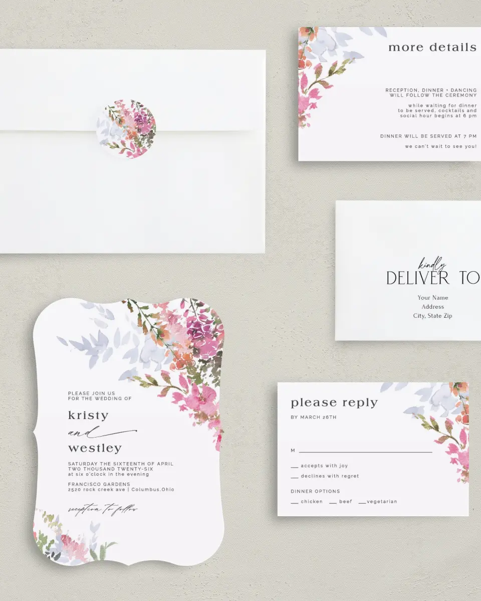 This is a 5" x 7" Bracket Wedding Invitation called Blushing Bouquet printed in full color with Silver foil on Luxe Satin (coated) paper