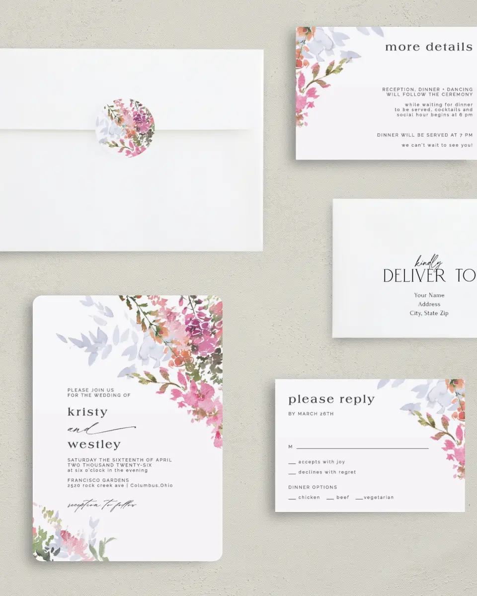 This is a 5" x 7" Rounded Wedding Invitation called Blushing Bouquet printed in full color with Gold foil on Luxe Satin (coated) paper