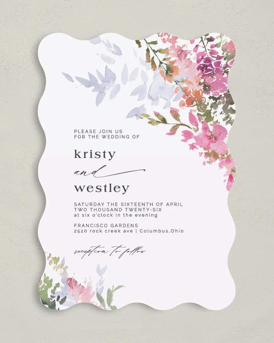 This is a 5" x 7" Wavy Wedding Invitation called Blushing Bouquet printed in full color on Premium Smooth paper