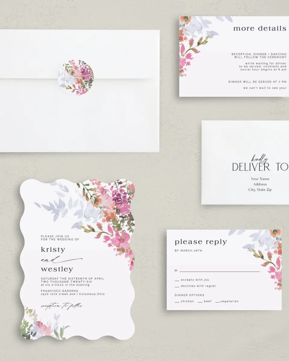 This is a 5" x 7" Wavy Wedding Invitation called Blushing Bouquet printed in full color with Silver foil on Luxe Satin (coated) paper