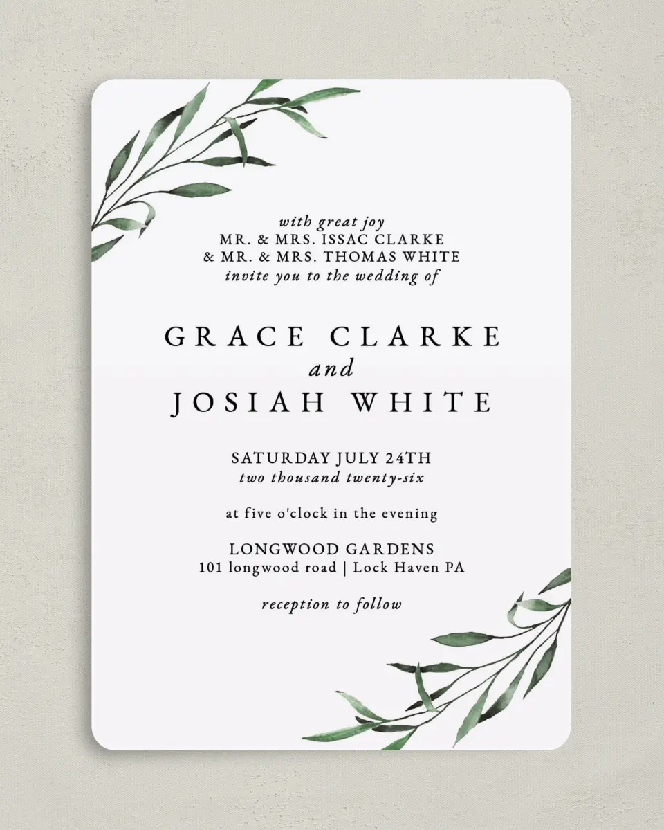 This is a 5" x 7" Rounded Wedding Invitation called Tender Twig printed in full color on Premium Smooth paper