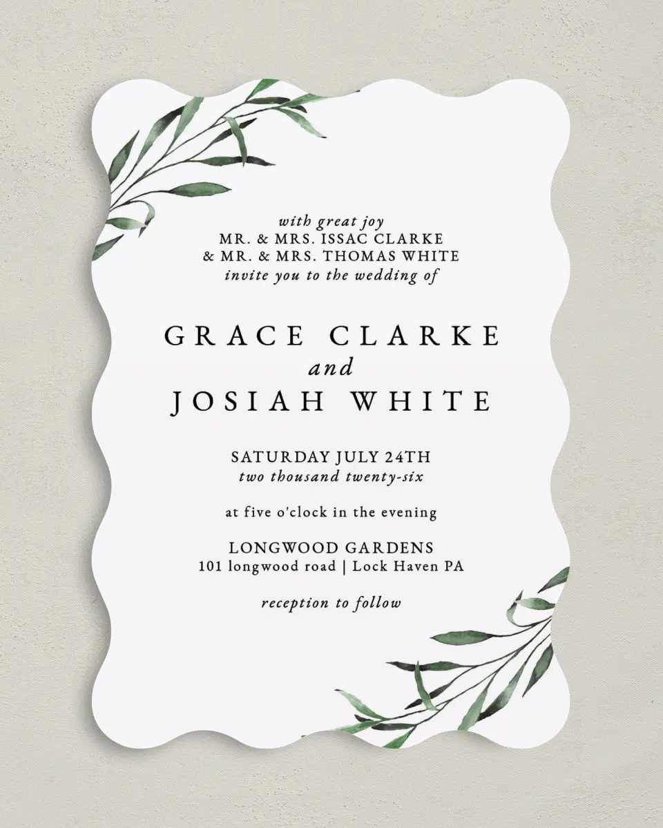 This is a 5" x 7" Wavy Wedding Invitation called Tender Twig printed in full color on Premium Smooth paper