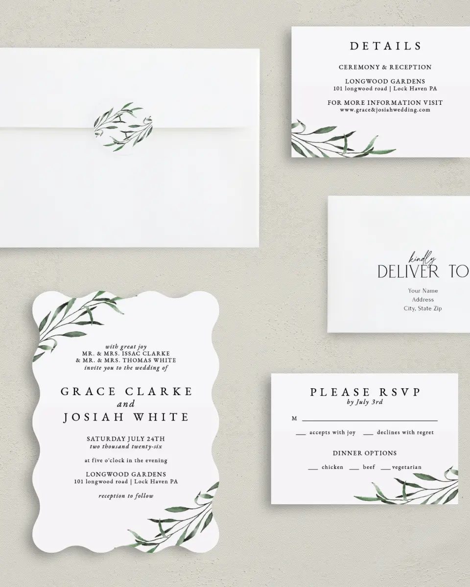 This is a 5" x 7" Wavy Wedding Invitation called Tender Twig printed in full color with Silver foil on Luxe Satin (coated) paper