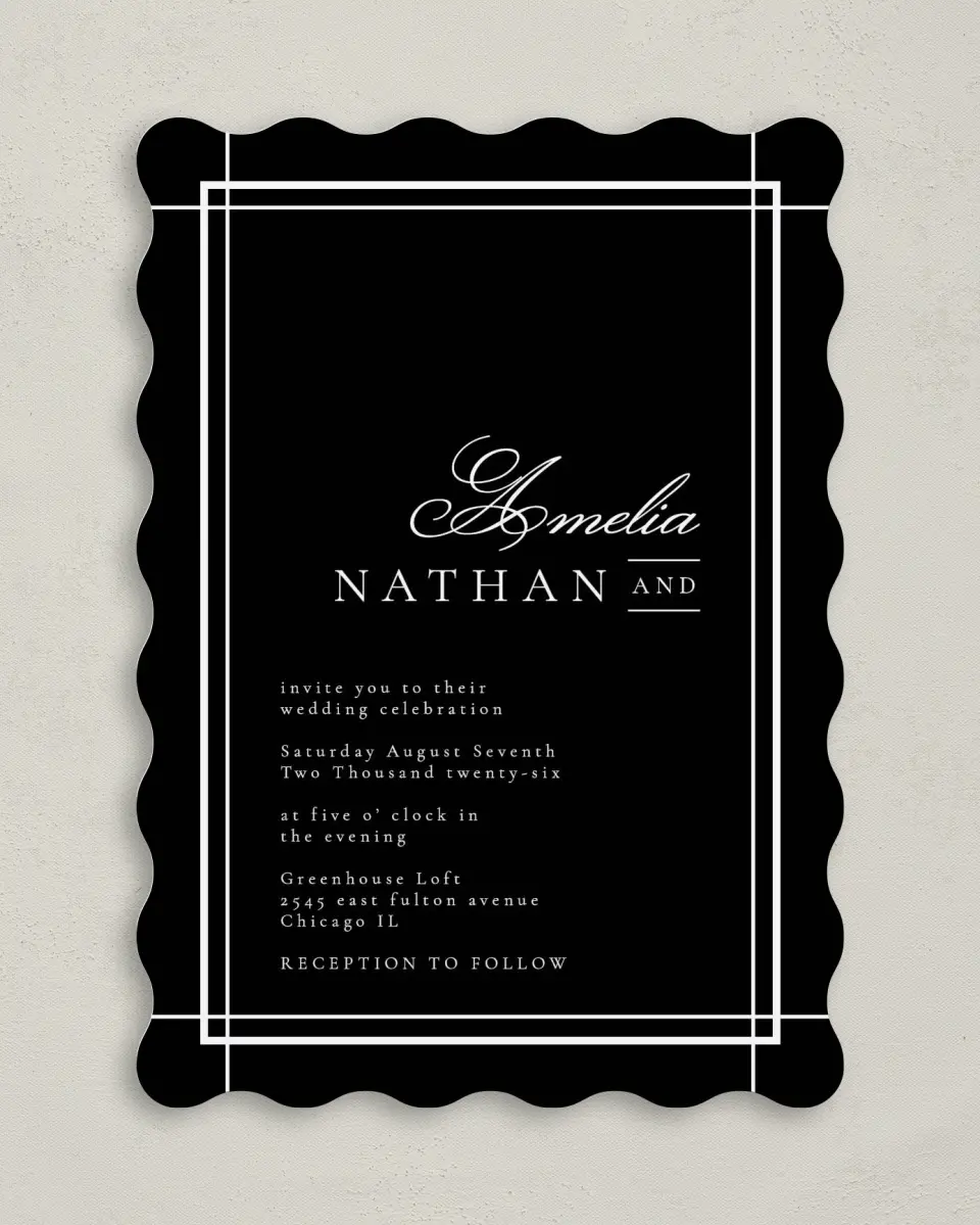 This is a 5" x 7" Wavy Wedding Invitation called Modern Trim printed in full color on Premium Smooth paper
