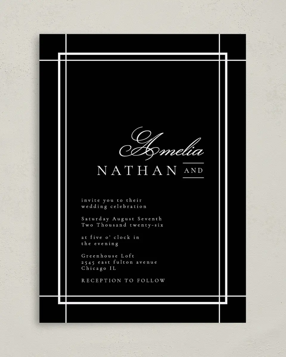This is a 5" x 7" Classic Wedding Invitation called Modern Trim printed in full color on Premium Smooth paper