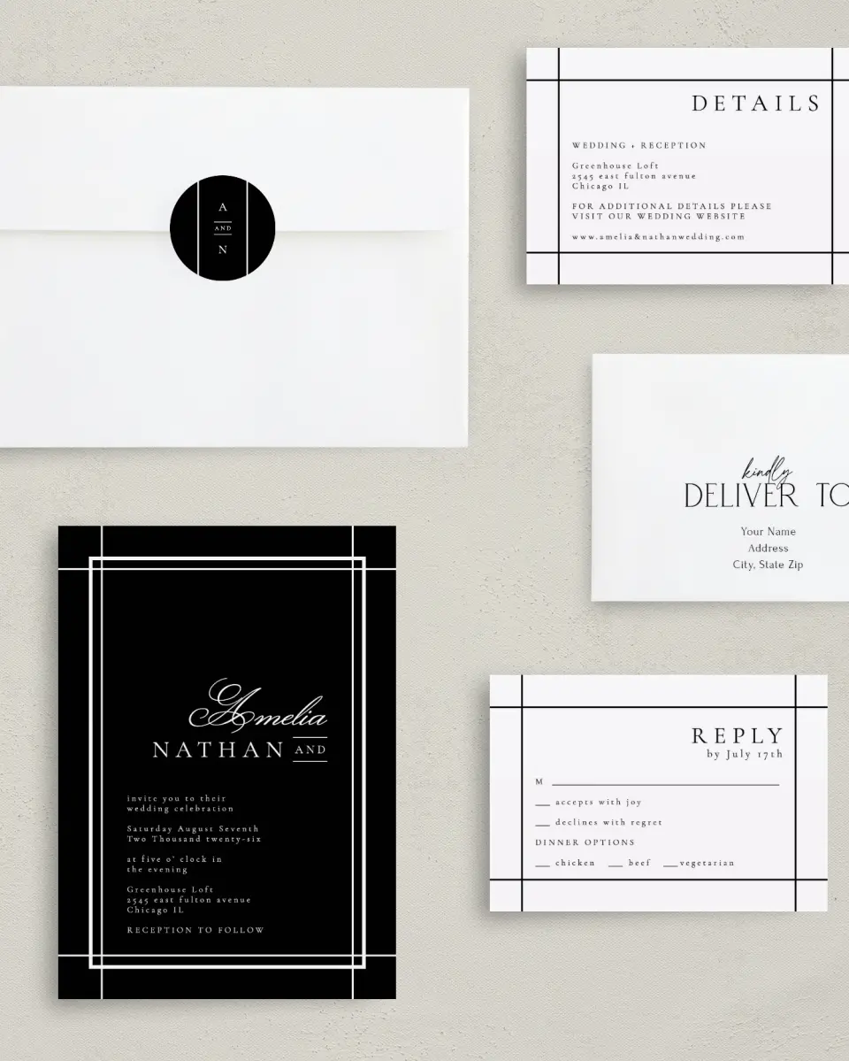 This is a 5" x 7" Classic Wedding Invitation called Modern Trim printed in full color with Gold foil on Luxe Satin (coated) paper
