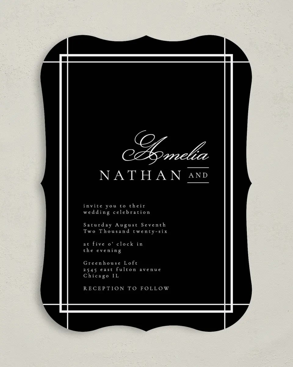 This is a 5" x 7" Bracket Wedding Invitation called Modern Trim printed in full color on Premium Smooth paper