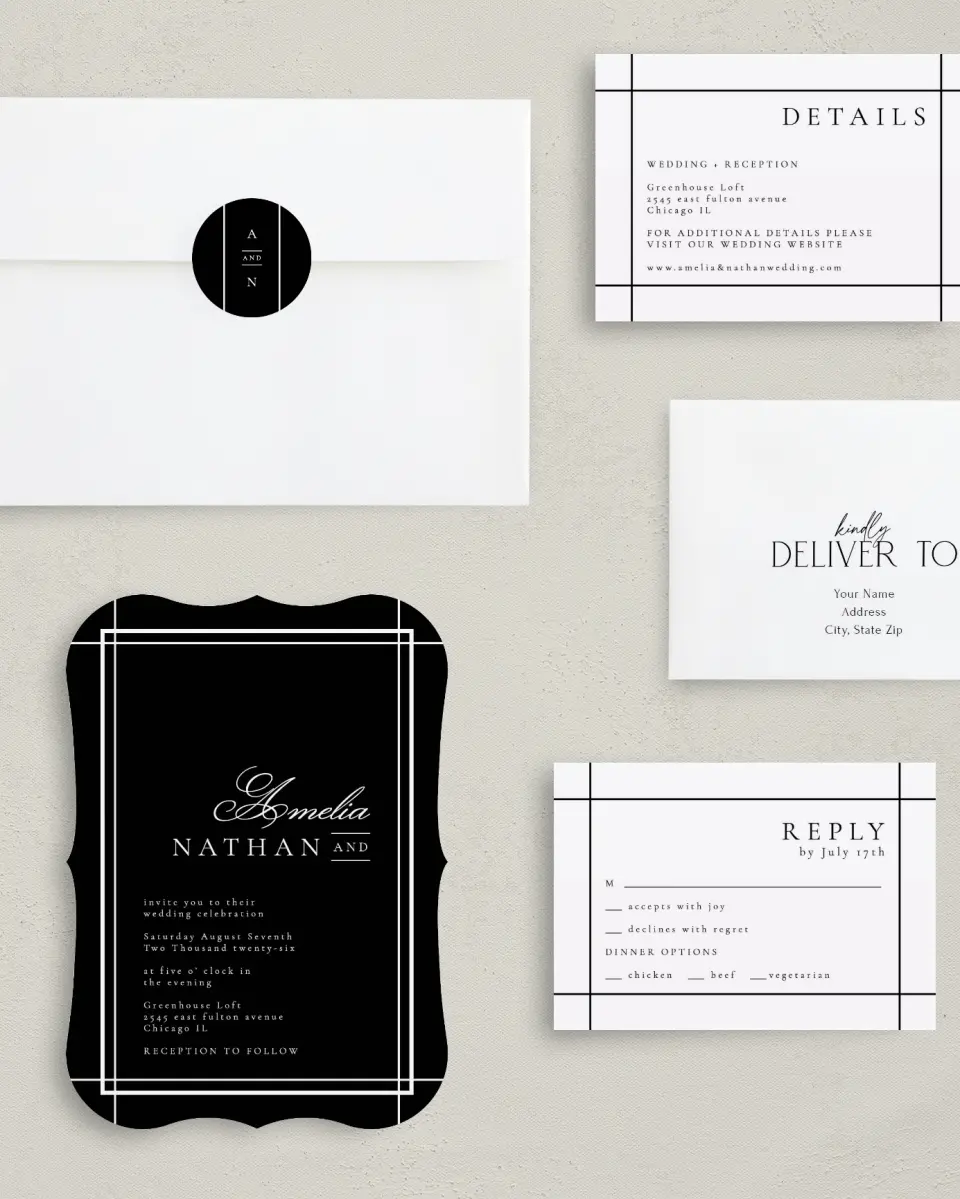 This is a 5" x 7" Bracket Wedding Invitation called Modern Trim printed in full color with Silver foil on Luxe Satin (coated) paper
