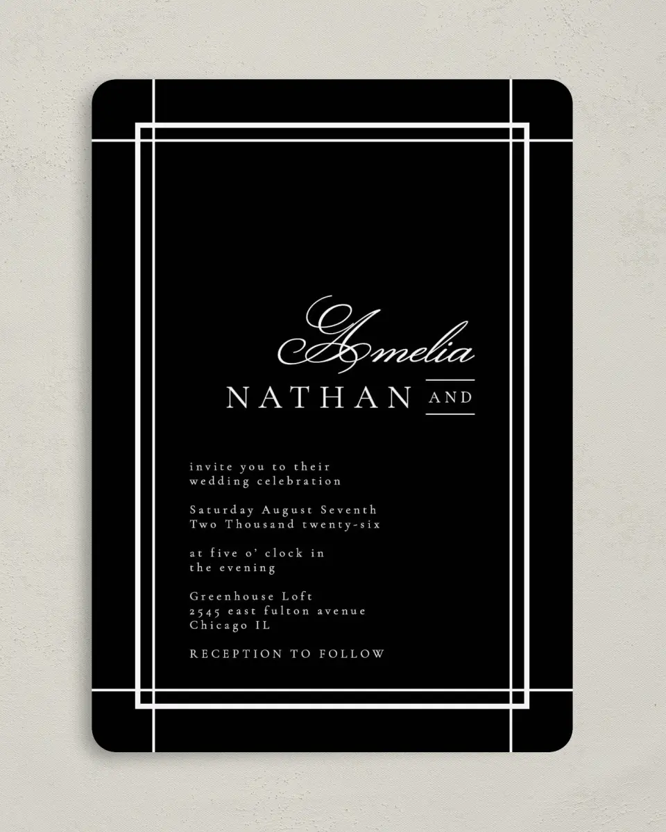 This is a 5" x 7" Rounded Wedding Invitation called Modern Trim printed in full color on Premium Smooth paper