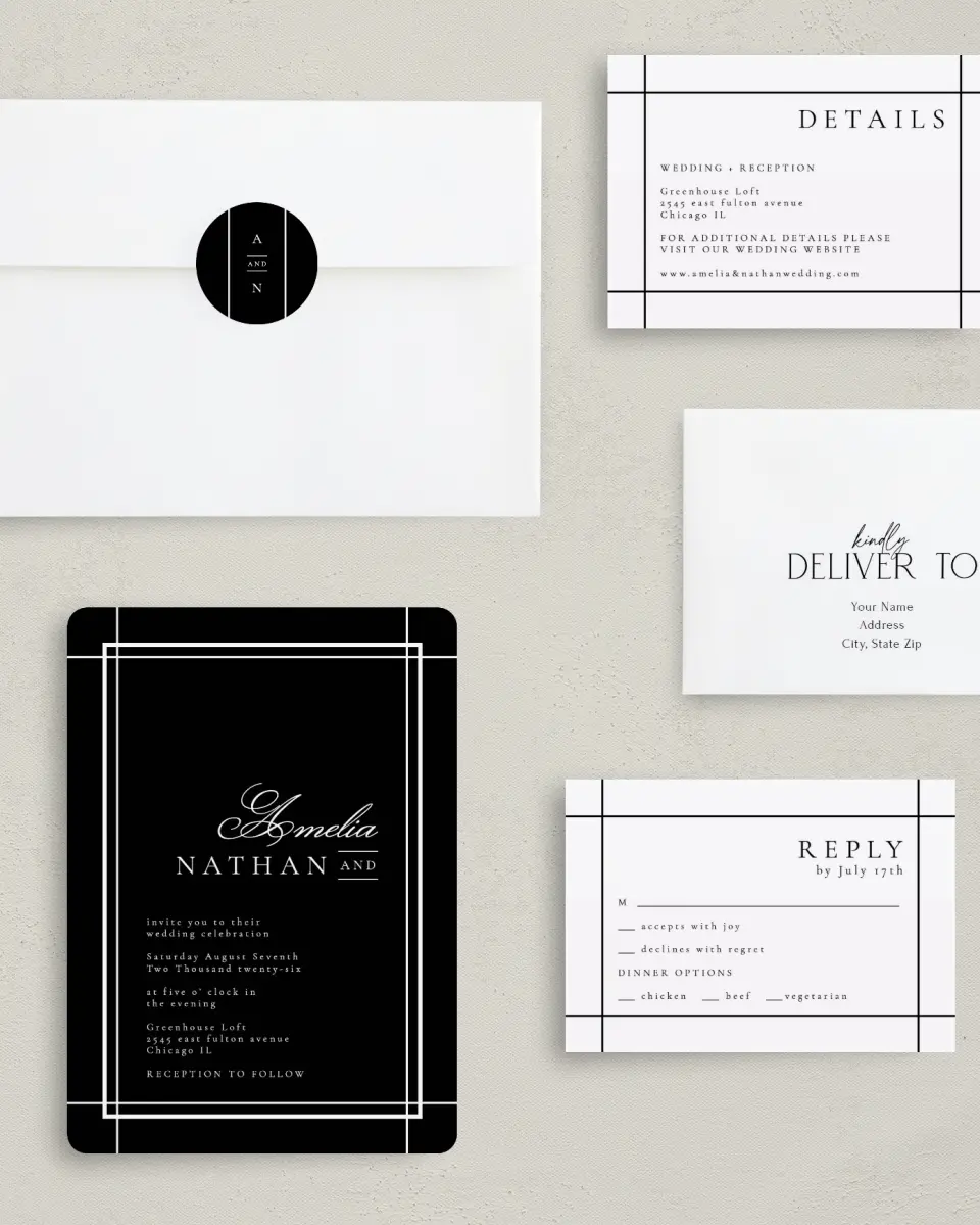 This is a 5" x 7" Rounded Wedding Invitation called Modern Trim printed in full color with Gold foil on Luxe Satin (coated) paper