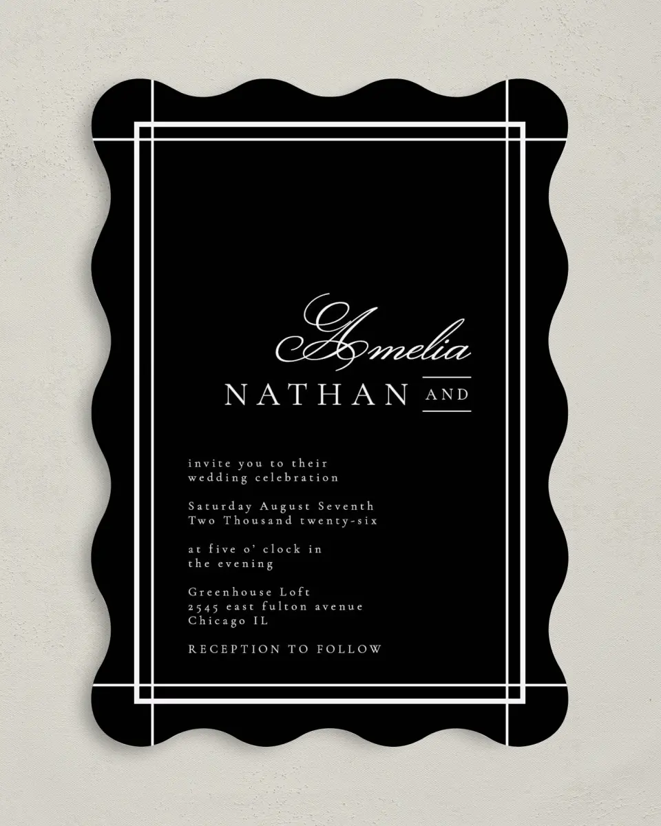 This is a 5" x 7" Wavy Wedding Invitation called Modern Trim printed in full color on Premium Smooth paper