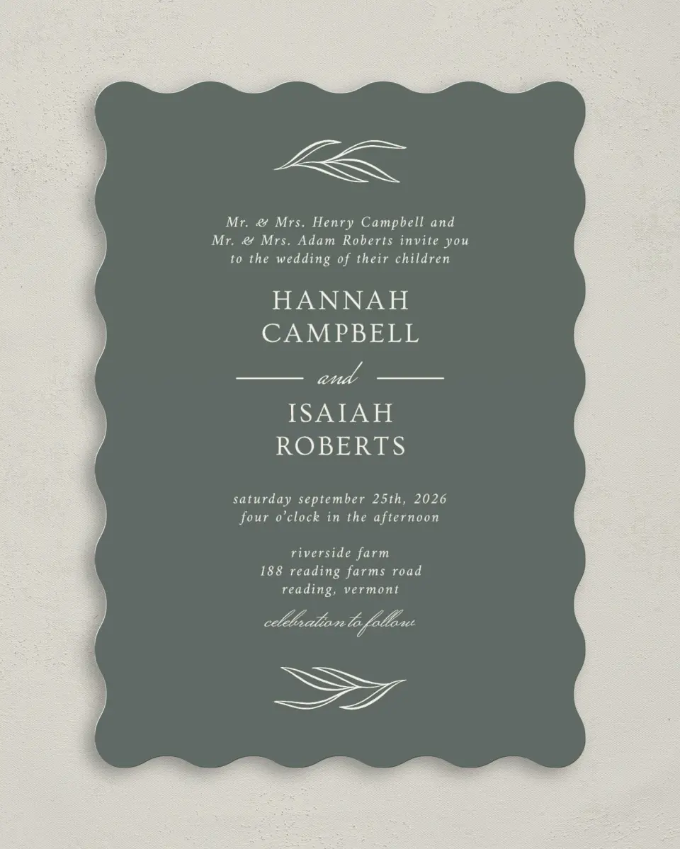 This is a 5" x 7" Wavy Wedding Invitation called Whisper Twig printed in full color on Premium Smooth paper