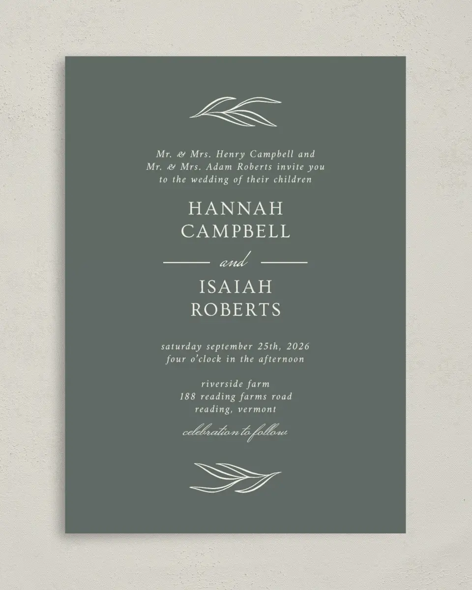 This is a 5" x 7" Classic Wedding Invitation called Whisper Twig printed in full color with Rose Gold foil on Luxe Satin (coated) paper