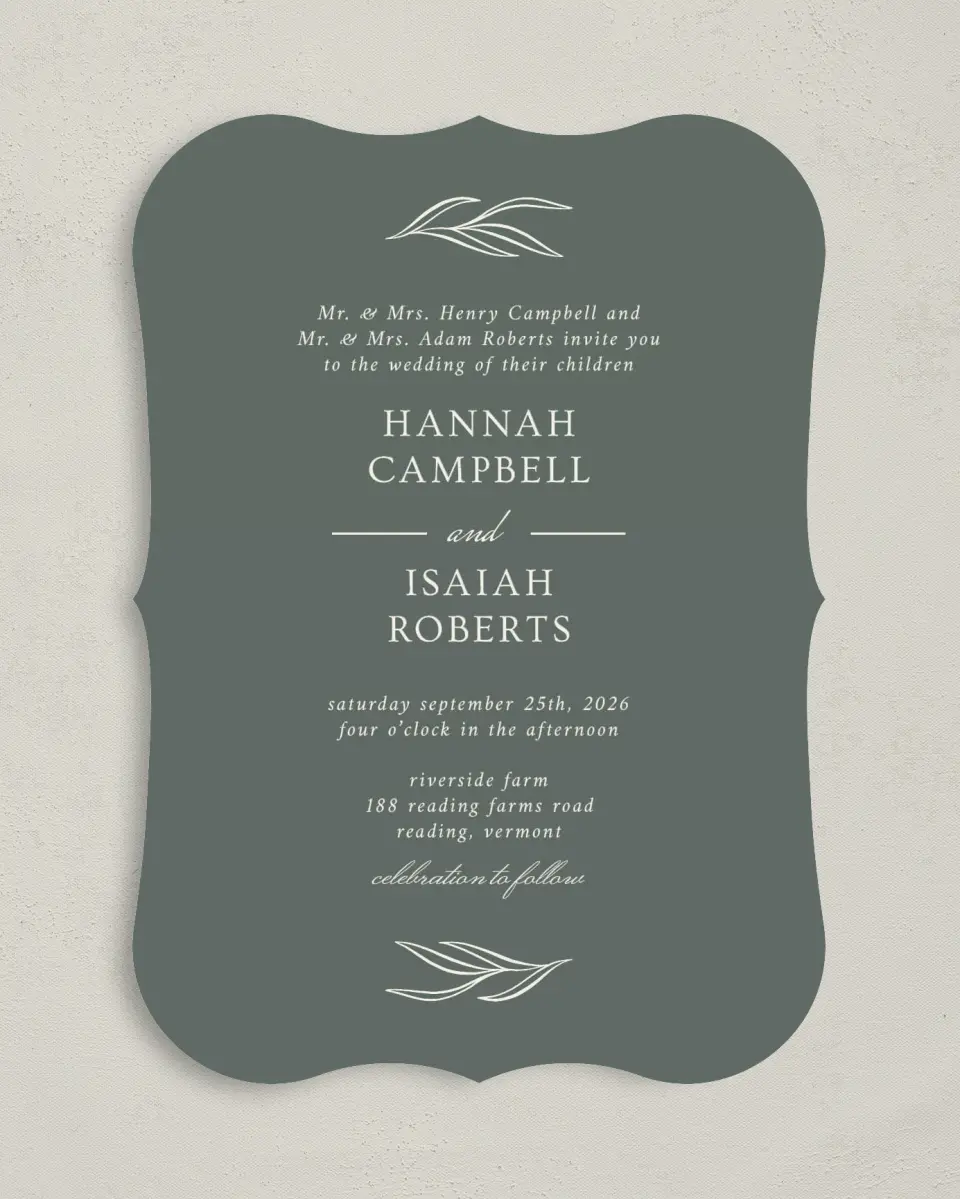 This is a 5" x 7" Bracket Wedding Invitation called Whisper Twig printed in full color with Silver foil on Luxe Satin (coated) paper