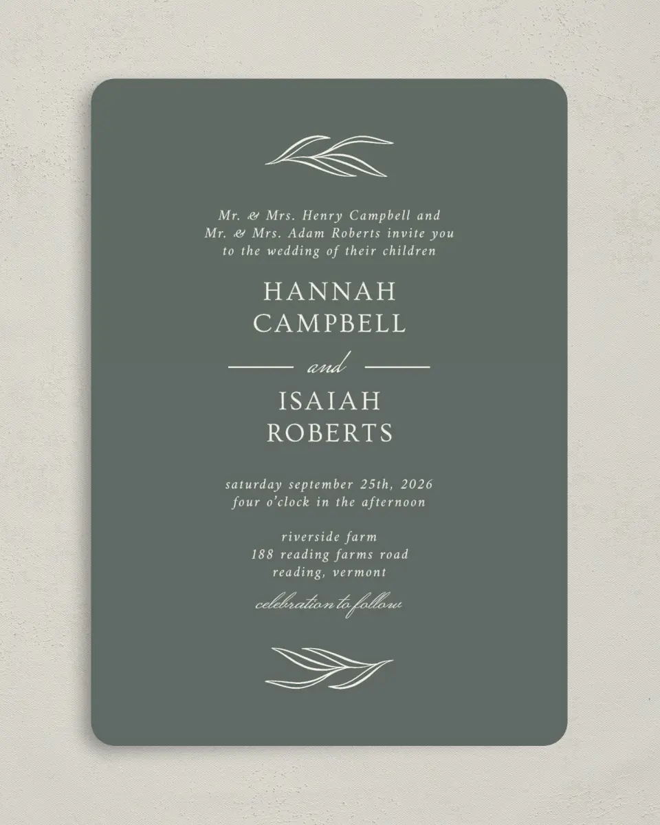 This is a 5" x 7" Rounded Wedding Invitation called Whisper Twig printed in full color on Premium Smooth paper