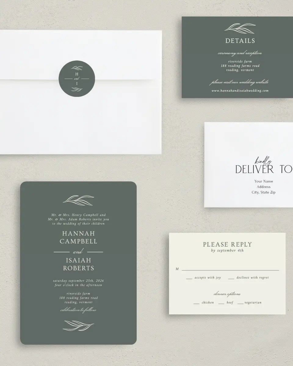 This is a 5" x 7" Rounded Wedding Invitation called Whisper Twig printed in full color on Premium Smooth paper