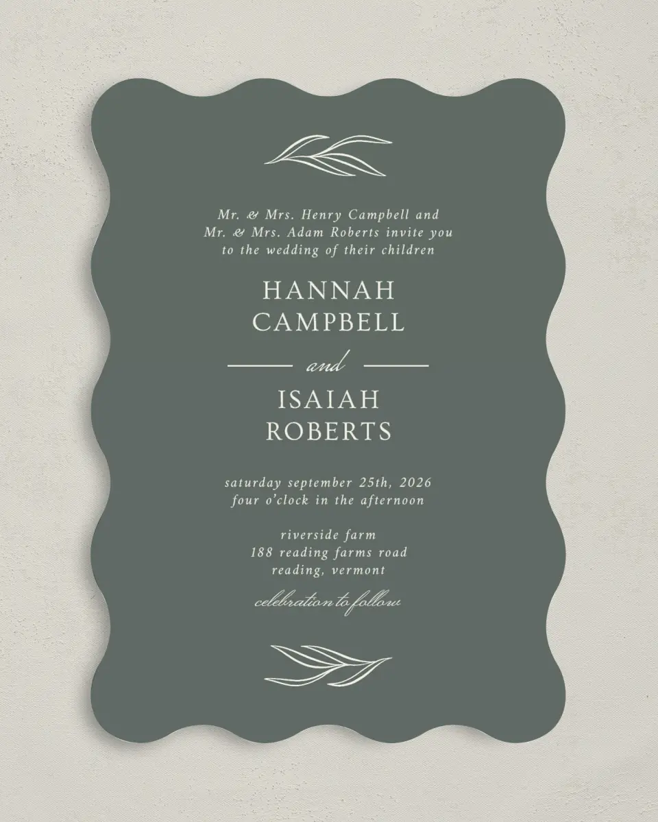 This is a 5" x 7" Wavy Wedding Invitation called Whisper Twig printed in full color on Premium Smooth paper
