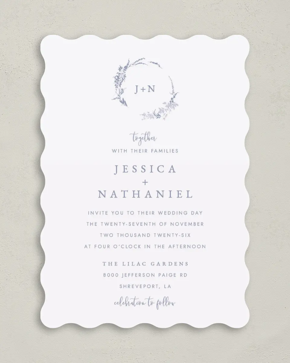 This is a 5" x 7" Wavy Wedding Invitation called Dainty Wreath printed in full color on Premium Smooth paper