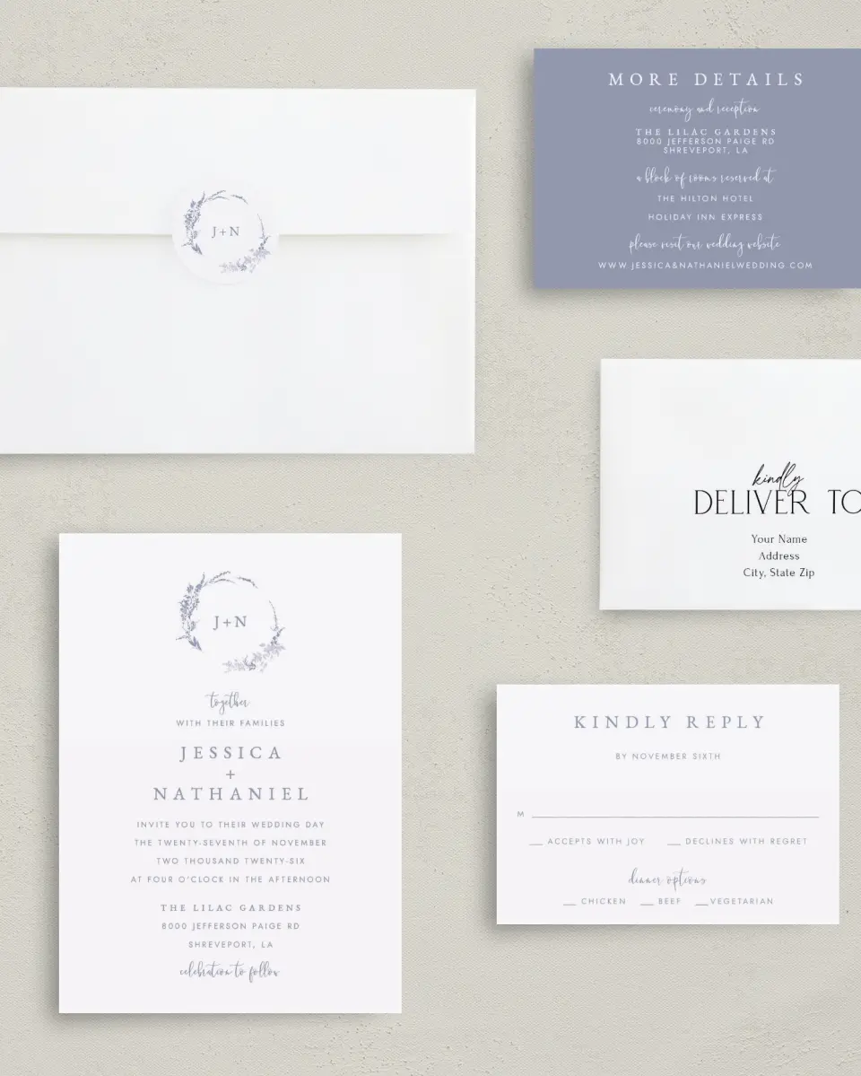 This is a 5" x 7" Classic Wedding Invitation called Dainty Wreath printed in full color on Premium Smooth paper