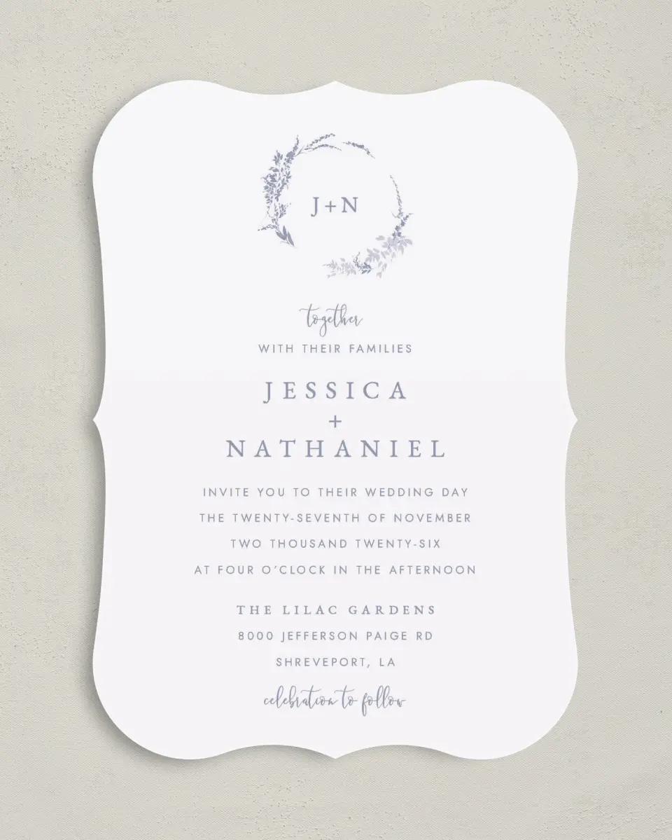 This is a 5" x 7" Bracket Wedding Invitation called Dainty Wreath printed in full color with Silver foil on Luxe Satin (coated) paper